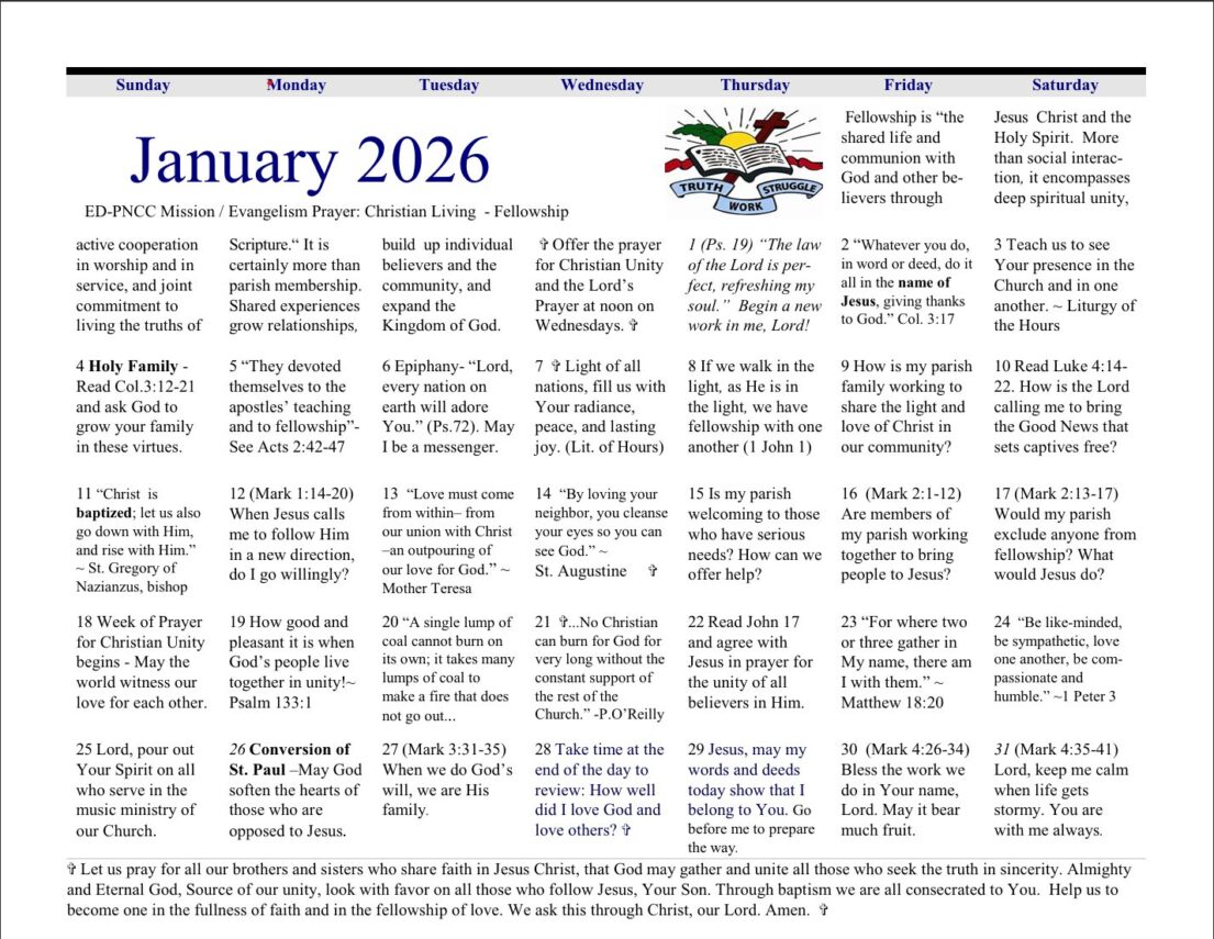 January 2026 Prayer Calendar