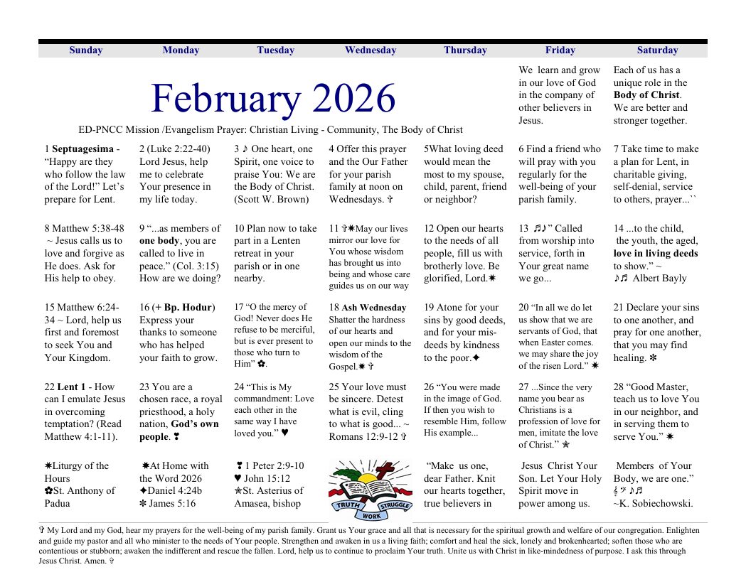 February 2026 Prayer Calendar